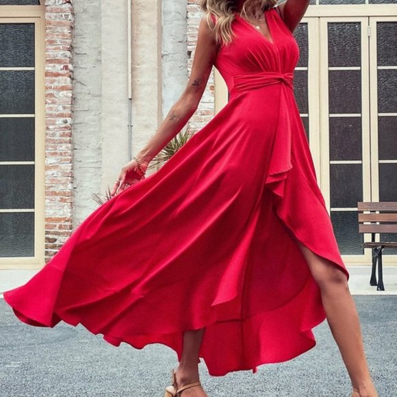 RED High Low Hem Twist Waist Maxi Dress - Picture 4 of 8